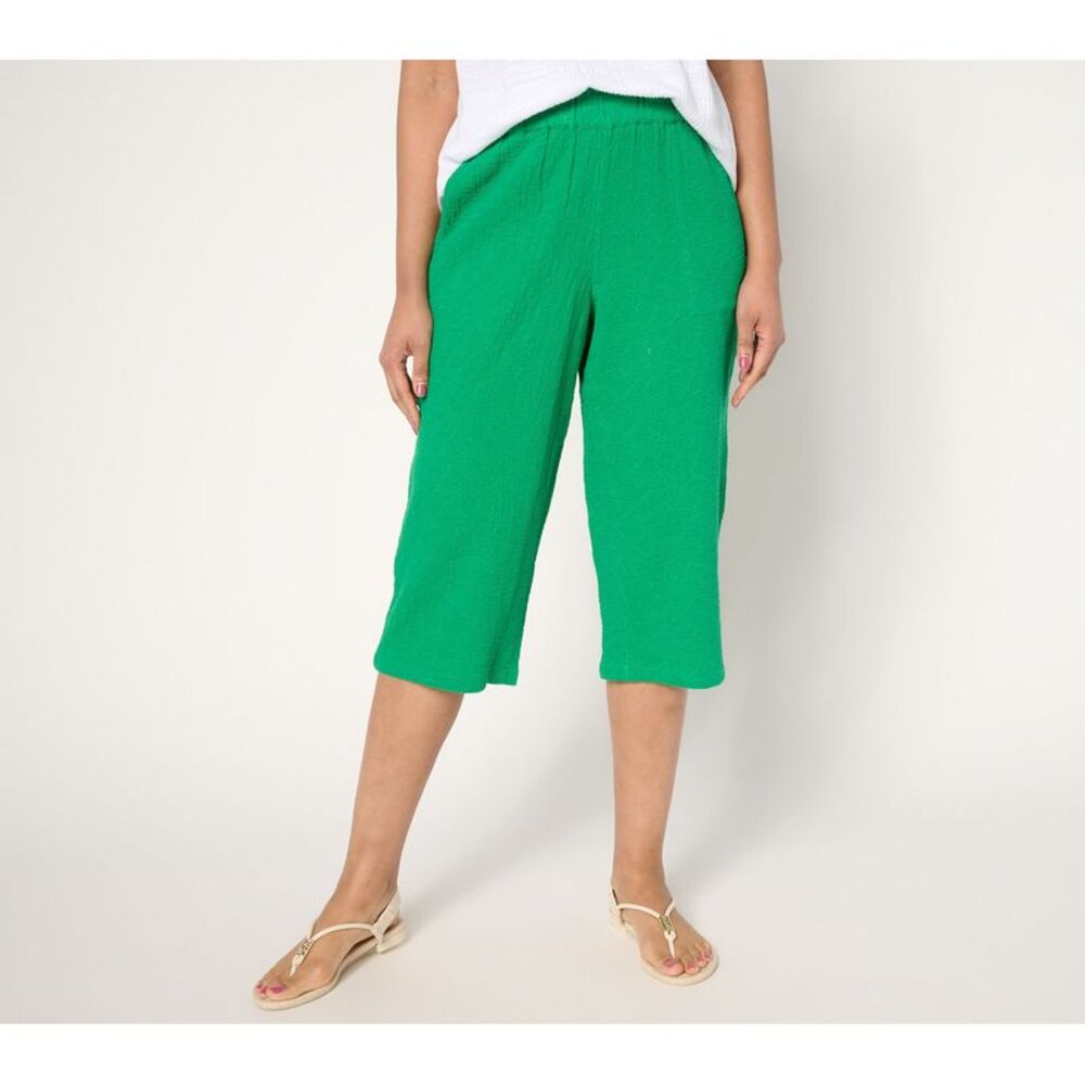 Denim & Co. Women's Plus Sz Pants 2X Beach Cotton Gauze Capri Pant Green A689806